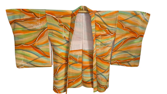Pomarańczowo-zielone haori damskie jedwabne