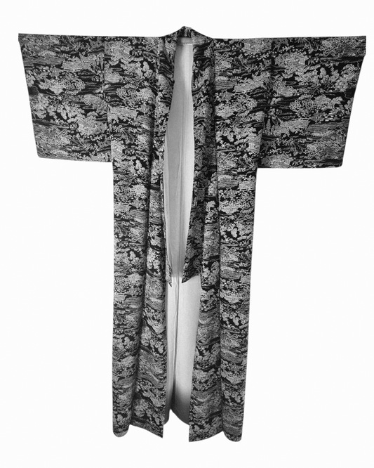 Kimono codzienne czarne w białe wzorki jedwab