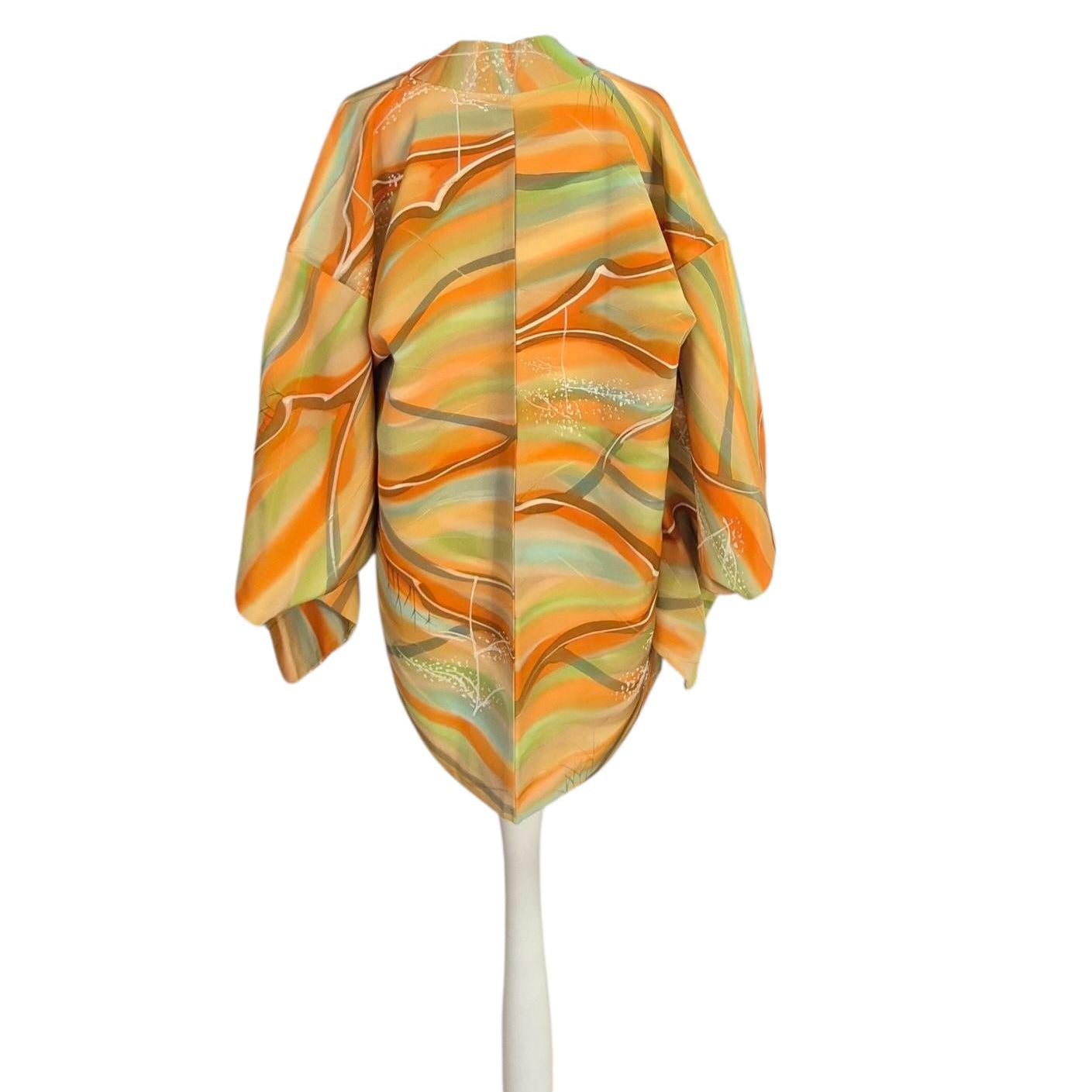 Pomarańczowo-zielone haori damskie jedwabne 